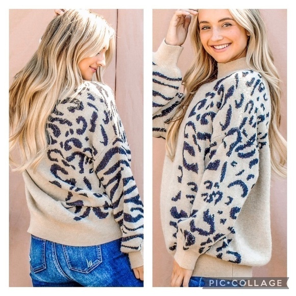 SALE!! Wild Thang! Cream Sweater w/Leopard & Zebra Print - Picture 2 of 6